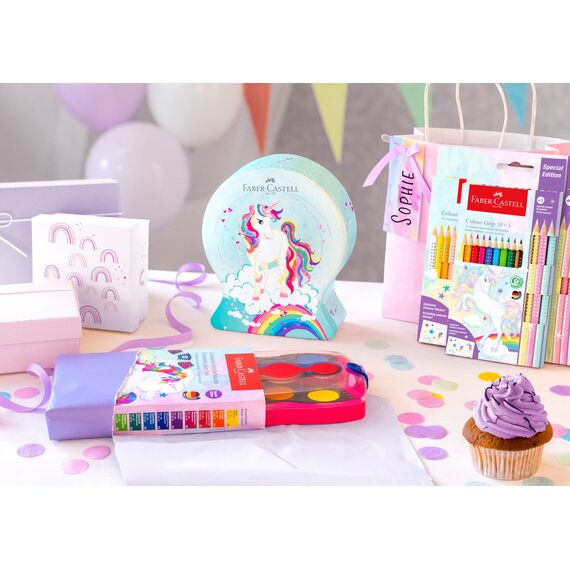 Faber-Castell 201543 - Buntstifte Set Einhorn, 24-teilig, bruchsicher, inkl. 6 Sparkle Pastellstifte und Einhorn Sticker