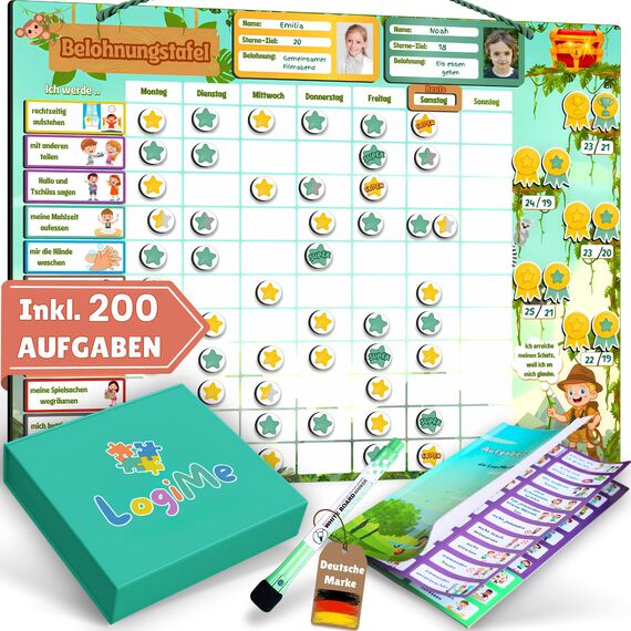 ????????????????????????® Belohnungstafel für Kinder [200 AUFGABEN] - XL Aufgabenplaner magnetisch - Montessori Belohnungssystem - Wochenplaner ab 3 4 5 6 7 8 Jahre - Sternchenplan ADHS Magnettafel (Abenteurer)