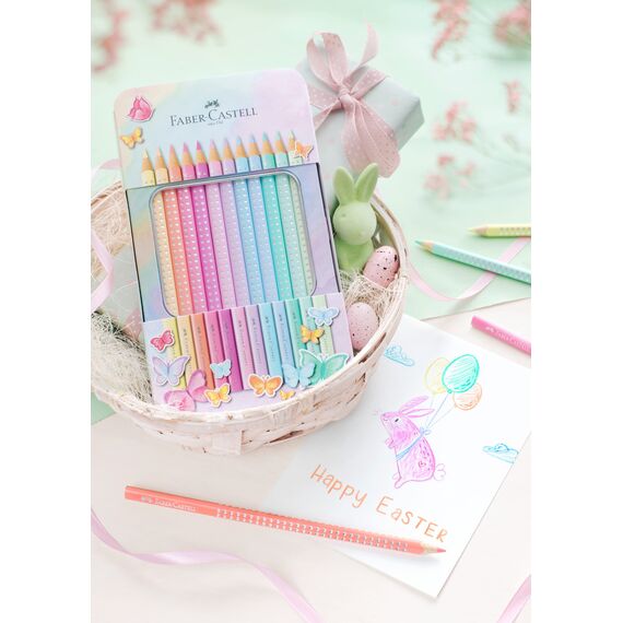 Faber-Castell 201910 - Buntstifte Set Sparkle Pastell 12-teilig, im Metalletui, dreikant, bruchsicher