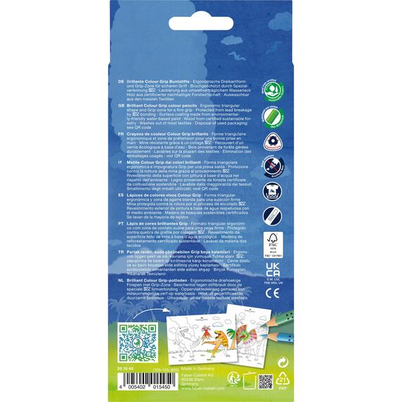 FABER-CASTELL 201545 - Buntstifte Set Dino, 13-teilig, bruchsicher, inkl. 3 Metallic Stifte und Dino Sticker