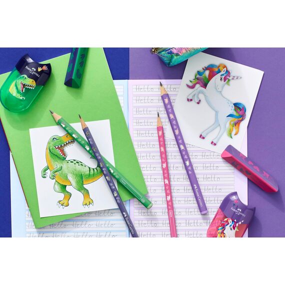 Faber-Castell 111519 - Schreibset Dino mit Bleistifte HB, Spitzer und Radiergummi, Schulset für Kinder