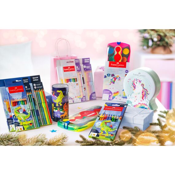 Faber-Castell 201546 - Buntstifte Set Dino, 24-teilig, bruchsicher, inkl. 3 Metallic Stifte, 3 Neon Stifte und Dino Sticker