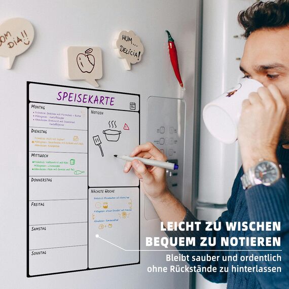 damoguin A3 Wochenplaner Abwischbar, Magnetisch Woche Menüplaner, Essensplaner für den Kühlschrank, Wöchentlicher Speiseplan, Magnettafel Planer Whiteboard für die Küche (Deutsch)