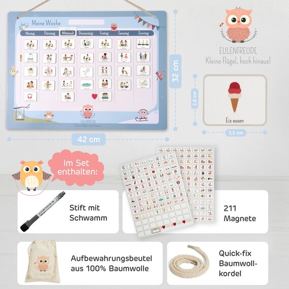 Wochenplaner Kinder - Montessori Magnettafel, 211 Magnete, beschreib- & abwischbar - Wochenplan Kinder fördert Selbstständigkeit & Struktur - Wochenplaner magnetisch mit Zubehör