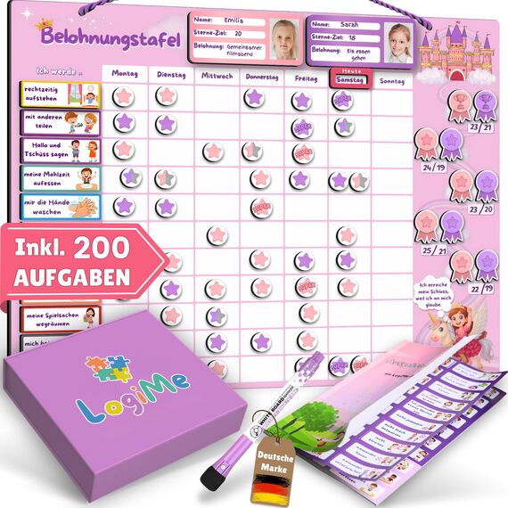 ????????????????????????® Belohnungstafel für Kinder [200 AUFGABEN] - XL Aufgabenplaner magnetisch - Montessori Belohnungssystem - Wochenplaner ab 3 4 5 6 7 8 Jahre - Sternchenplan ADHS Magnettafel (Prinzessin)
