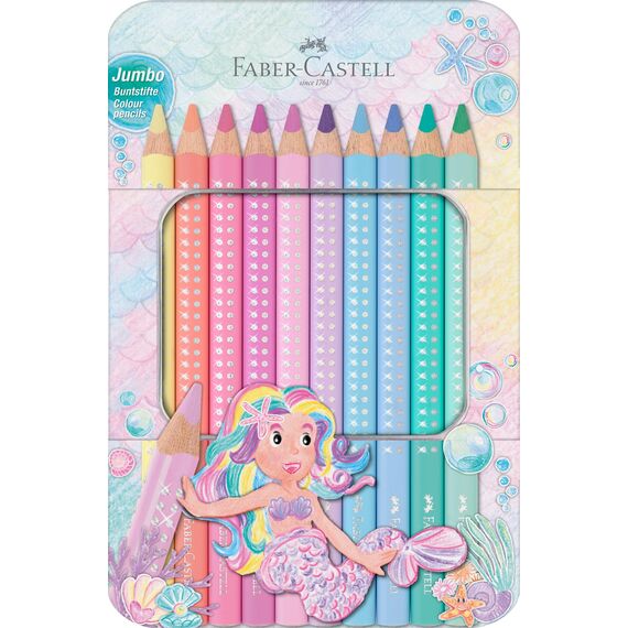 Faber-Castell 210910 - Jumbo Buntstifte Set Sparkle, 10 dicke Buntstifte in Pastellfarben, Malstifte für Kinder