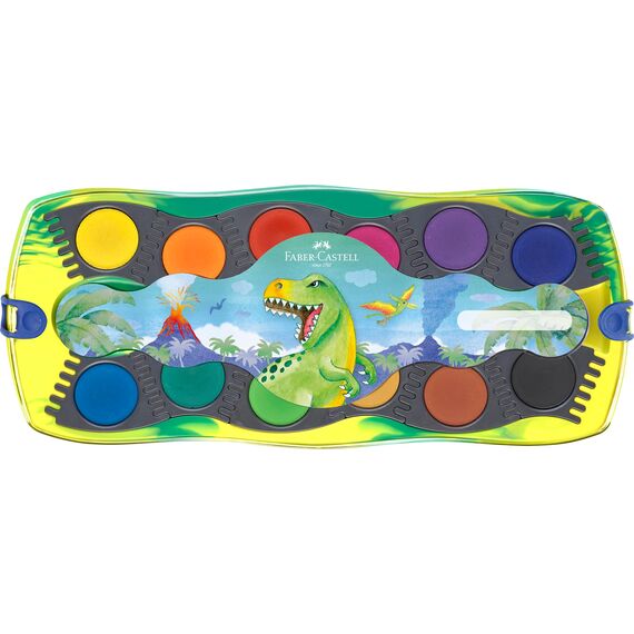 Faber-Castell 125036 - Wasserfarbkasten Connector Dino mit 12 Farben inkl. Deckweiß Tube und Aufkleber