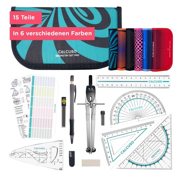 CALCUSO GEOMETRIE SET PRO in türkiser Federmappe/Federmäppchen mit Zirkel und Geodreieck - Praktisches Mäppchen für Schule, Uni, Büro und Zeichnungen - Ideal als Geometrie-Set für die Schule