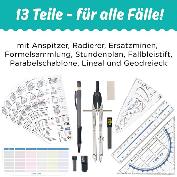 CALCUSO GEOMETRIE SET PRO in blauer Federmappe/Federmäppchen mit Zirkel und Geodreieck - Praktisches Mäppchen für Schule, Uni, Büro und Zeichnungen - Ideal als Geometrie-Set für die Schule