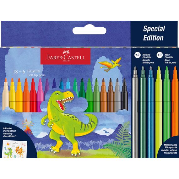 Faber-Castell 554222 - Filzstifte Set Dino, 24 Fasermaler in Standard- und Pastellfarben