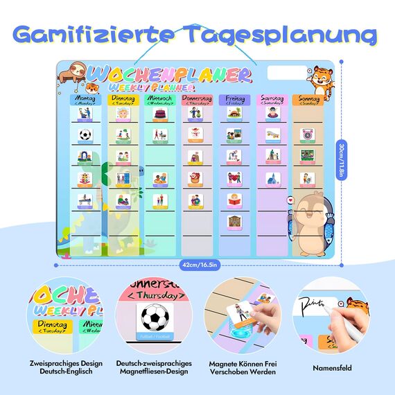 Prelisee Wochenplaner Kinder Tagesplaner Kinder Routine Planer 42×30cm Montessori Magnettafel mit 300 Magnete, 1 Stift Abwischbar & Kordel, Kann Als Essensplaner Woche,To Do Liste,Haushaltsplaner