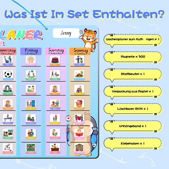 Prelisee Wochenplaner Kinder Tagesplaner Kinder Routine Planer 42×30cm Montessori Magnettafel mit 300 Magnete, 1 Stift Abwischbar & Kordel, Kann Als Essensplaner Woche,To Do Liste,Haushaltsplaner