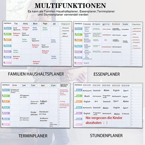 POPRUN Magnetisch Familienplaner Wochenplaner Magnettafel Kühlschrank abwischbar,Whiteboard Kalender,Terminplaner wiederverwendbar- 43 x 28 cm auf Deutsch