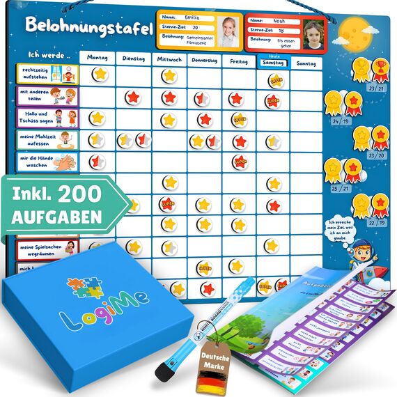????????????????????????® Belohnungstafel für Kinder [200 AUFGABEN] - XL Aufgabenplaner magnetisch - Montessori Belohnungssystem - Wochenplaner ab 3 4 5 6 7 8 Jahre - Sternchenplan ADHS Magnettafel (Astronaut)