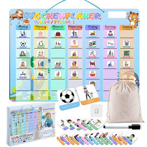 Prelisee Wochenplaner Kinder Tagesplaner Kinder Routine Planer 42×30cm Montessori Magnettafel mit 300 Magnete, 1 Stift Abwischbar & Kordel, Kann Als Essensplaner Woche,To Do Liste,Haushaltsplaner