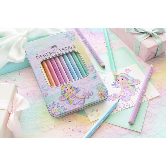 Faber-Castell 210910 - Jumbo Buntstifte Set Sparkle, 10 dicke Buntstifte in Pastellfarben, Malstifte für Kinder