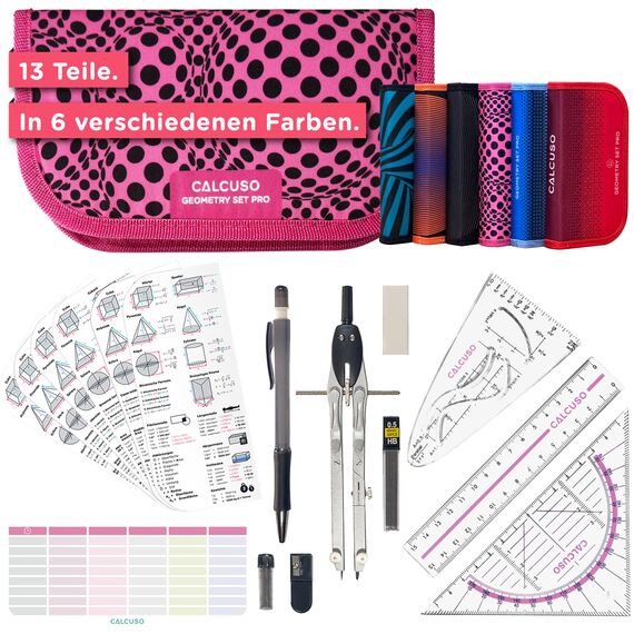 CALCUSO GEOMETRIE SET PRO in pinker Federmappe/Federmäppchen mit Zirkel und Geodreieck - Praktisches Mäppchen für Schule, Uni, Büro und Zeichnungen - Ideal als Geometrie-Set für die Schule