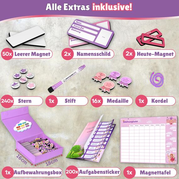 ????????????????????????® Belohnungstafel für Kinder [200 AUFGABEN] - XL Aufgabenplaner magnetisch - Montessori Belohnungssystem - Wochenplaner ab 3 4 5 6 7 8 Jahre - Sternchenplan ADHS Magnettafel (Prinzessin)