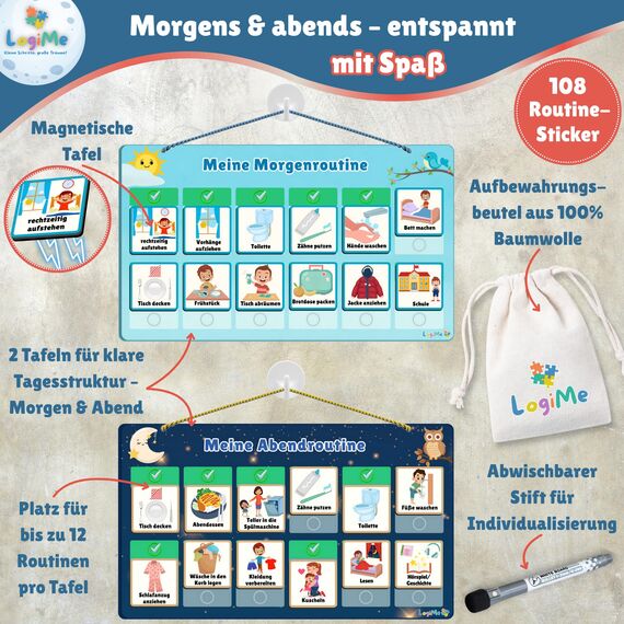 ????????????????????????® Morgenroutine und Abendroutine [inkl. 108 Routinen] Kinder Plan Magnetisch – Montessori Tagesplaner - Routine Planer für Morgen & Abend – Routineplaner – Routinchen Tagesplan zum Klappen