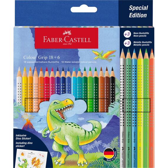 Faber-Castell 201546 - Buntstifte Set Dino, 24-teilig, bruchsicher, inkl. 3 Metallic Stifte, 3 Neon Stifte und Dino Sticker