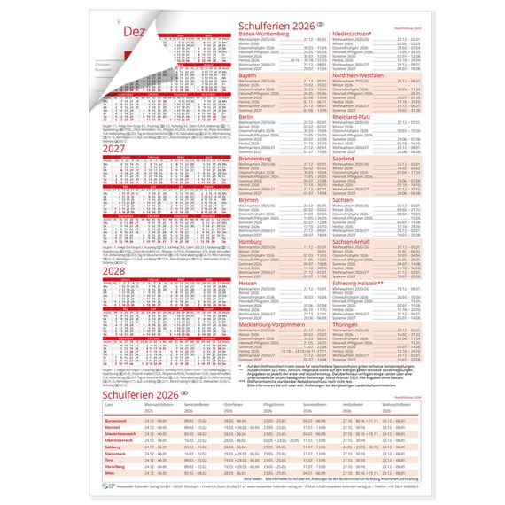 Zimmerbelegungskalender 2026 Zimmerbelegungsplan Belegungskalender 2026 Ferienwohnung Belegungsplan für Vermieter Hotels und Pensionen mit Ferienterminen Deutschland und Österreich in Rot