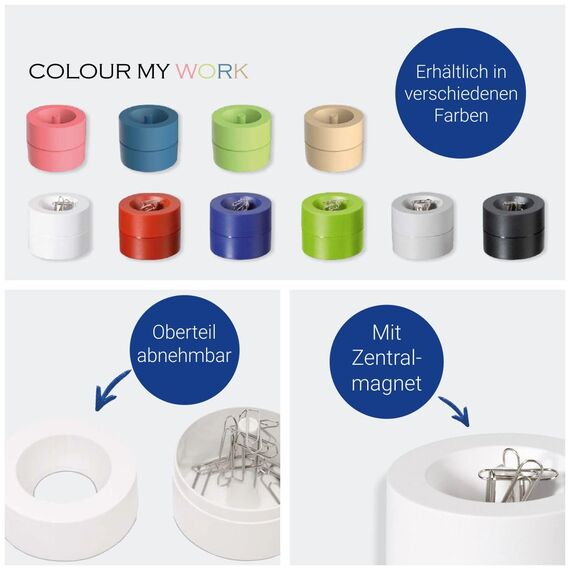 MAUL Klammernspender MAULpro | Ø7,3x6cm | Schreibtisch Organizer für Büroklammern | Schreibtisch Zubehör mit Magnet für Büro | Inklusive 15 Klammern | Stilvoller Büroklammernspender | Weiß