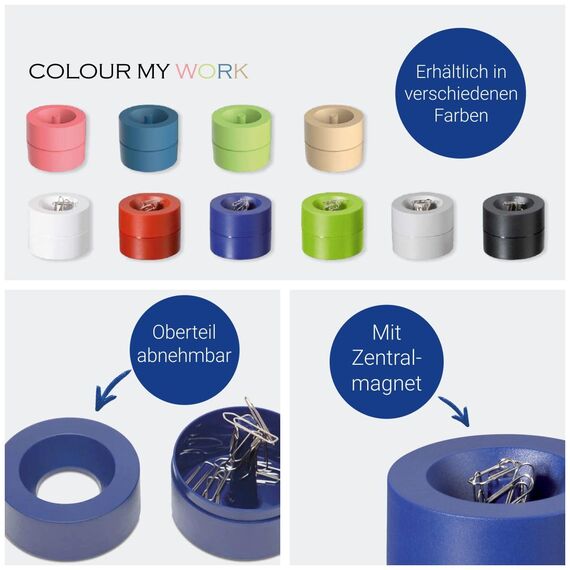 MAUL Klammernspender MAULpro Eco Ø 7,3 x 6 cm | Schreibtisch Organizer aus über 85% recyceltem Kunststoff | Schreibtisch Zubehör mit Magnet für Büroklammern | Inklusive 15 Klammern | Blau