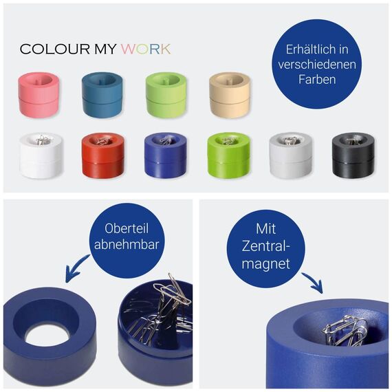 MAUL Klammernspender MAULpro | Ø7,3x6cm | Schreibtisch Organizer für Büroklammern | Schreibtisch Zubehör mit Magnet für Büro | Inklusive 15 Klammern | Stilvoller Büroklammernspender | Blau