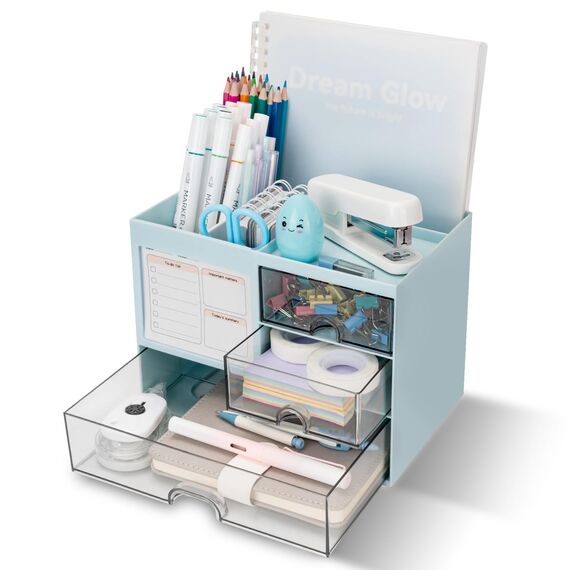 RISEMART Schreibtisch-Organizer mit 3 Schubladen und multifunktionaler Stifthalter, 5-Fach-Aufbewahrung für Büro und Zuhause, Blau