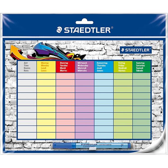 STAEDTLER Stundenplan Lumocolor, selbsthaftend und wiederverwendbar, trocken abwischbar, inklusive Lumocolor correctable blau und schwarz, Stiftklemme