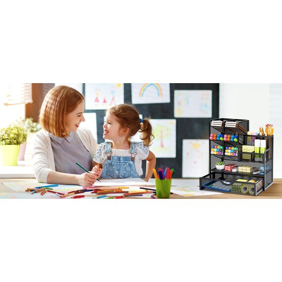 Marbrasse Netz Schreibtisch-Organizer,Multifunktionaler Stiftehalter mit Schublade,Aufbewahrung Regal für Schul Heim Büro Bedarf (Schwarz)