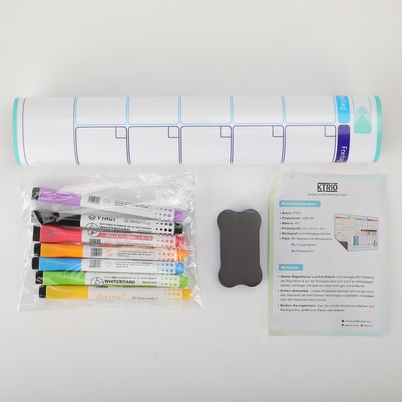 KTRIO A3 Magnetischer Monats-Wochenplaner für Haushaltsplan, Einkaufsliste, Essens- und Fitnessplanung. Nass & trocken abwischbares Whiteboard mit 7 Markern und Schwamm zum Aufhängen.