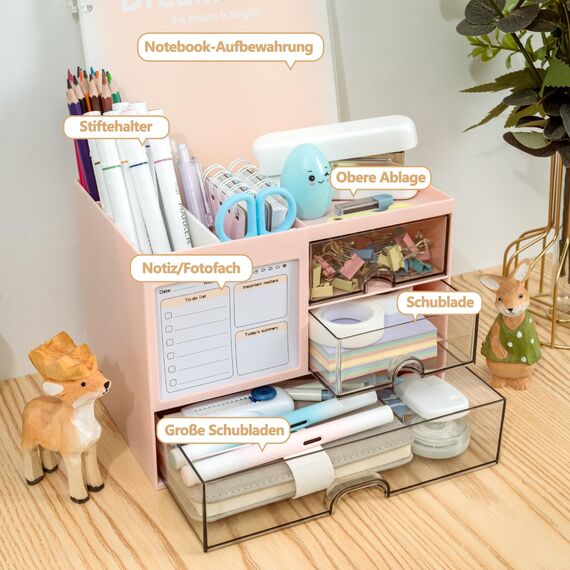 RISEMART Schreibtisch-Organizer mit 3 Schubladen, multifunktionaler Stifthalter, Schreibtisch-Organizer und Aufbewahrung mit 5 Fächern für Büro, Zuhause-Rosa