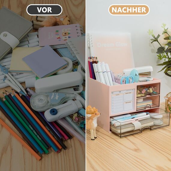 RISEMART Schreibtisch-Organizer mit 3 Schubladen, multifunktionaler Stifthalter, Schreibtisch-Organizer und Aufbewahrung mit 5 Fächern für Büro, Zuhause-Rosa
