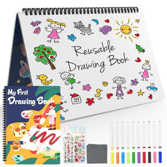 NEWYES Kinder Whiteboard Set Wiederverwendbares trocken löschbares Zeichenbuch mit 10 Markern, 3 4 5 6 7 8 Jahre alt Jungen & Mädchen Lernspielzeug löschbares Kritzelebuch zum Zeichnen, Kritzeln