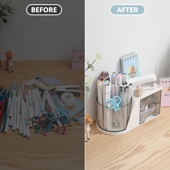 RISEMART Drehbarer Schreibtischorganizer mit 2 Schubladen, Stifthalter für Schreibtisch, Schreibtischorganizer und Aufbewahrung mit 4 Fächern + Schublade für Büro-, Heim- und Kunstbedarf.
