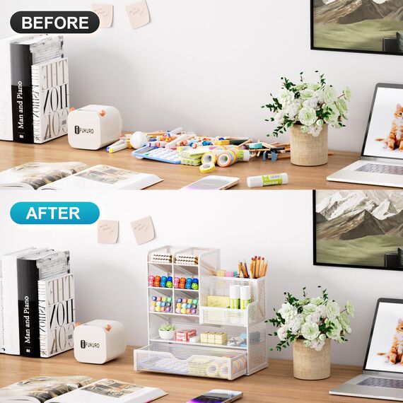 Marbrasse Netz Schreibtisch-Organizer,Multifunktionaler Stiftehalter mit Schublade,Aufbewahrung Regal für Schul Heim Büro Bedarf (Weiß)