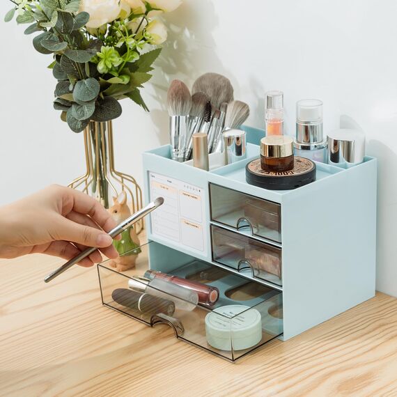 RISEMART Schreibtisch-Organizer mit 3 Schubladen und multifunktionaler Stifthalter, 5-Fach-Aufbewahrung für Büro und Zuhause, Blau