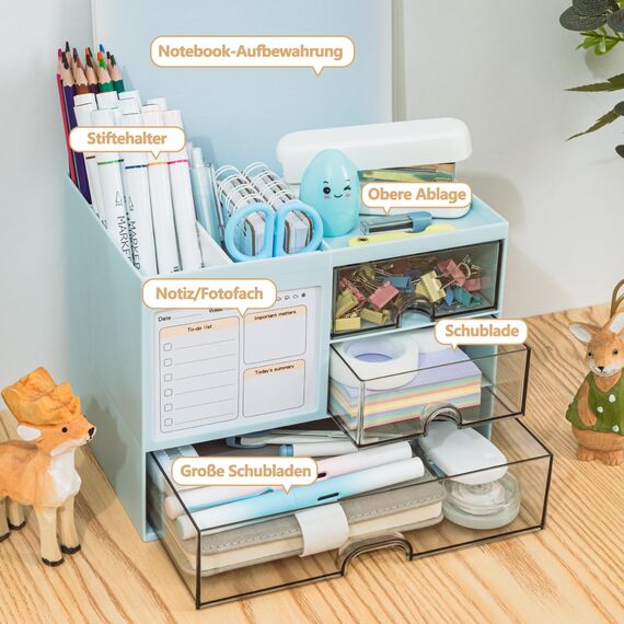 RISEMART Schreibtisch-Organizer mit 3 Schubladen und multifunktionaler Stifthalter, 5-Fach-Aufbewahrung für Büro und Zuhause, Blau