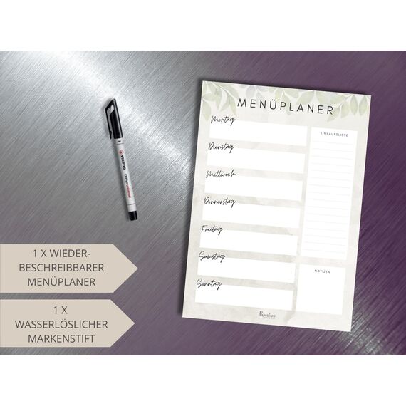 Magnetischer Menü Planer mit Einkaufsliste für Familien DIN A4 abwischbarer wiederverwendbarer Wochenplaner Meal Planning und Meal Prepping Speiseplan Kühlschrank (Eukalyptus (magnetisch inkl. Stift))