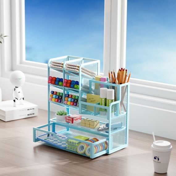 Marbrasse Netz Schreibtisch-Organizer,Multifunktionaler Stiftehalter mit Schublade,Aufbewahrung Regal für Schul Heim Büro Bedarf (Blau)