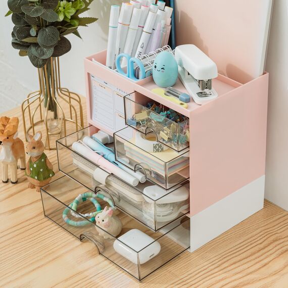 RISEMART Schreibtisch-Organizer mit 3 Schubladen, multifunktionaler Stifthalter, Schreibtisch-Organizer und Aufbewahrung mit 5 Fächern für Büro, Zuhause-Rosa