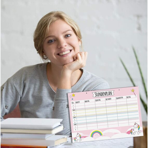 Einhorn-Stundenplan zum Aufhängen in DIN A4 I abwischbar I rosa I mit Aufhängung, Stifthalter und Stift I zum Schulanfang I für Mädchen I dv890
