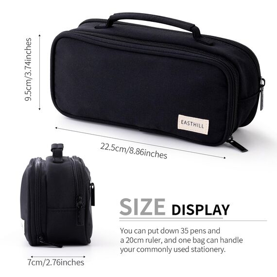 EASTHILL große Kapazität Federmäppchen Pen Pouch Organizer Canvas Bleistift Tasche mit Griff Schulbedarf für Mädchen-Schwarz