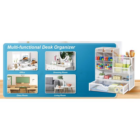 Marbrasse Netz Schreibtisch-Organizer,Multifunktionaler Stiftehalter mit Schublade,Aufbewahrung Regal für Schul Heim Büro Bedarf (Weiß)