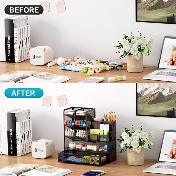 Marbrasse Netz Schreibtisch-Organizer,Multifunktionaler Stiftehalter mit Schublade,Aufbewahrung Regal für Schul Heim Büro Bedarf (Schwarz)