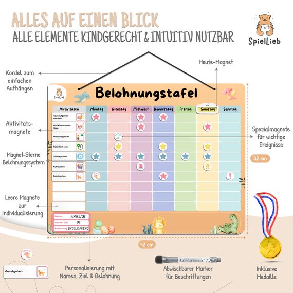 SpielLieb® Montessori Belohnungstafel Kinder magnetisch – Ideales Belohnungssystem Kinder [200 Aufgaben + Stern- & Spezialmagnete für 1-3 Spieler] - für mehr Selbstständigkeit (Dino)