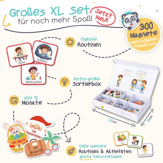 PANDABANDE® XL Wochenplaner Kinder [300 Magnete, XL Box, Routinen] - Montessori Spielzeug ab 3 Jahre - Ideal zum Wochentage Lernen, Kinderkalender