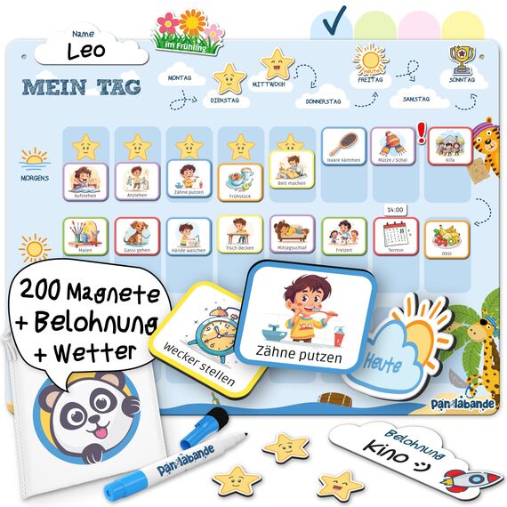 PANDABANDE® Montessori Tagesplaner Kinder Routine [Belohnung, Wetter, 208 Magnete] - Tagesablauf Plan für Morgenroutine & Abendroutine - Idealer Tagesplan Magnetisch, Routineplaner Kind (Piraten)
