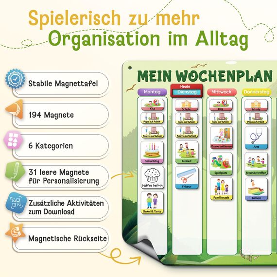LIKARTO Wochenplaner Kinder - Montessori Aufgabenplaner & Magnettafel - Für mehr Struktur im Alltag - individuell anpassbar - Grün